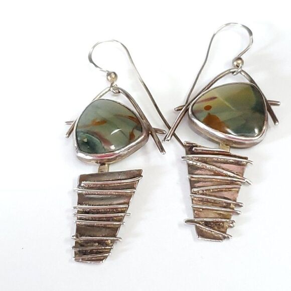 Artisan Sterling Silver Geometric Modernist Boho Earrings Green Brown Agate - Picture 3 of 5
